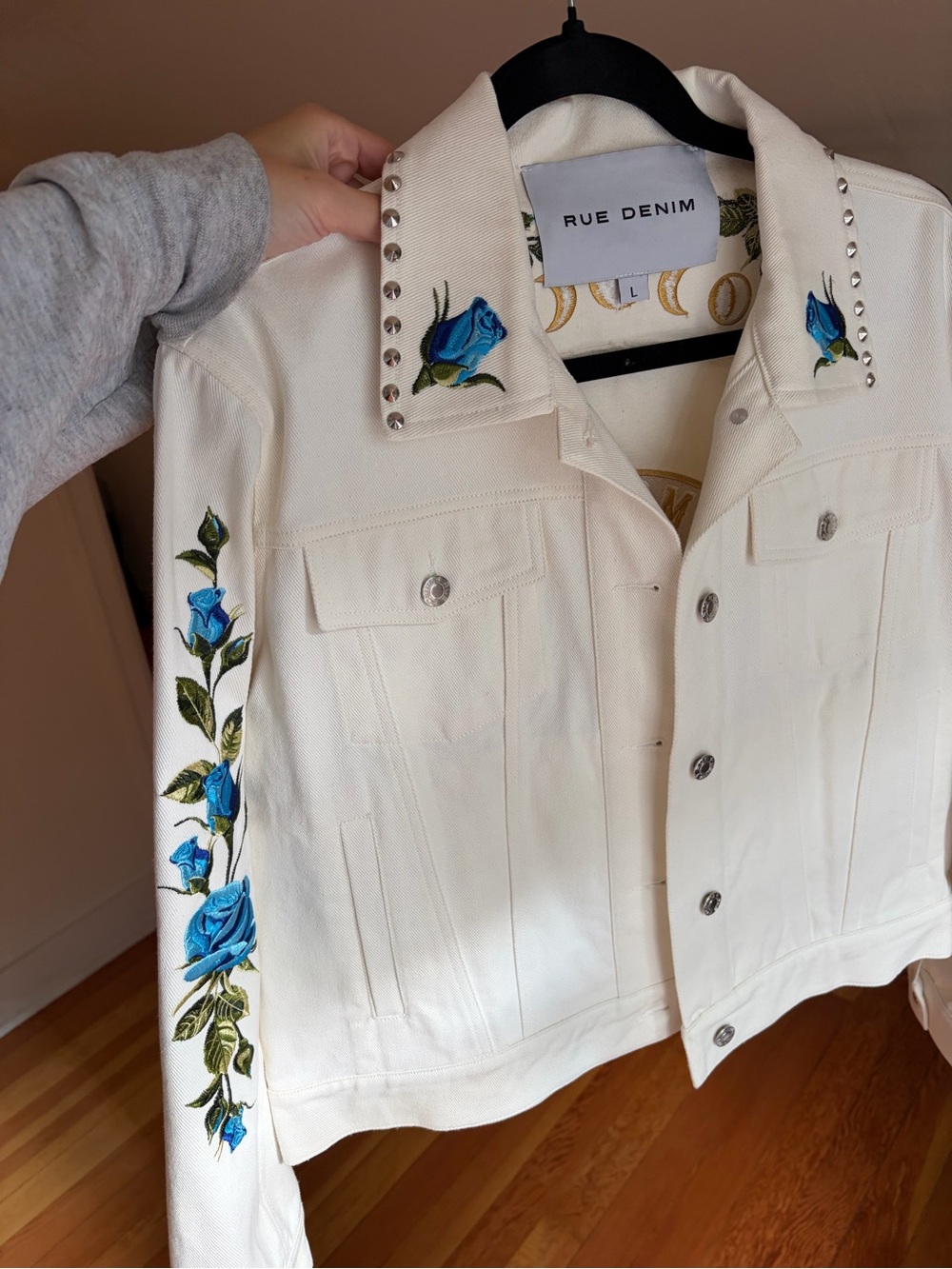 Rue De Seine Denim White Embroidered Blue Rose Studded Jacket